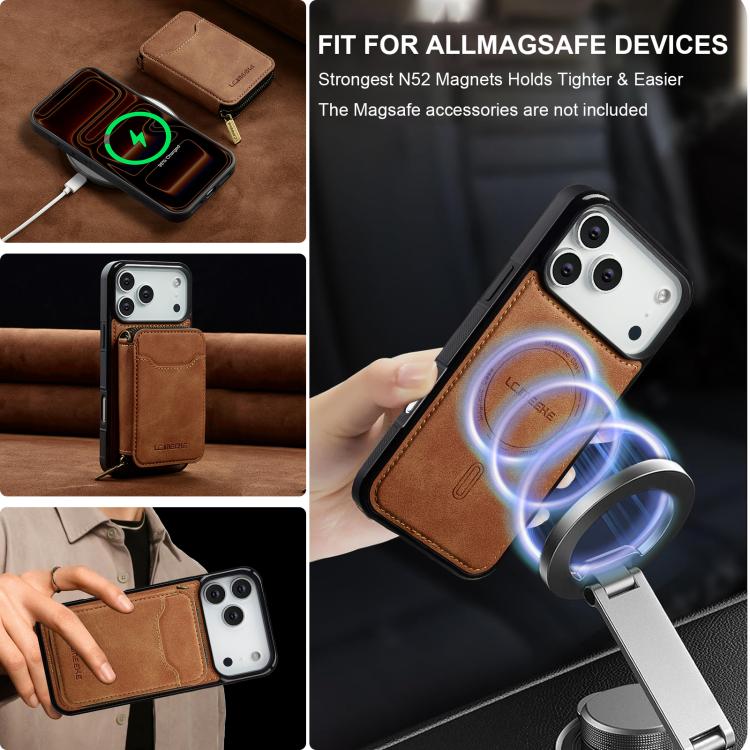 For iPhone 17 Pro LC.IMEEKE L6 Series Zipper Card Bag MagSafe Magnetic Phone Case(Brown) by LC.IMEEKE