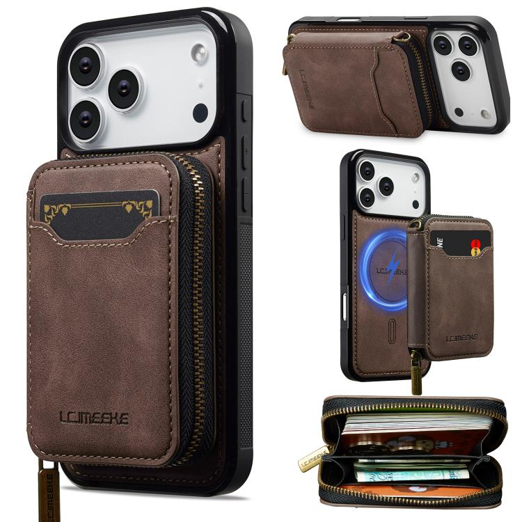 For iPhone 17 Pro LC.IMEEKE L6 Series Zipper Card Bag MagSafe Magnetic Phone Case(Coffee) by LC.IMEEKE