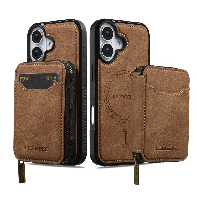 For iPhone 17 LC.IMEEKE L6 Series Zipper Card Bag MagSafe Magnetic Phone Case(Brown) by LC.IMEEKE