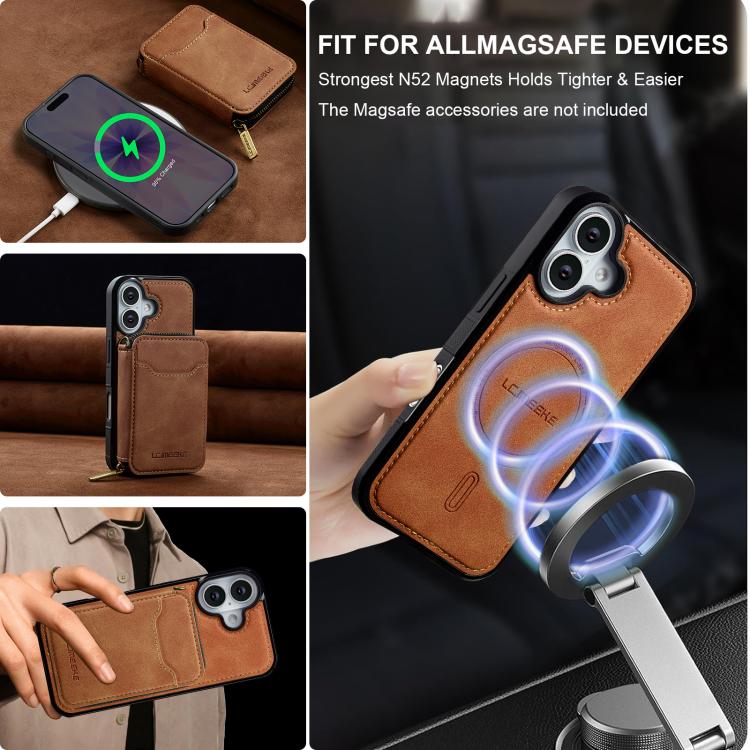 For iPhone 17 LC.IMEEKE L6 Series Zipper Card Bag MagSafe Magnetic Phone Case(Brown) by LC.IMEEKE