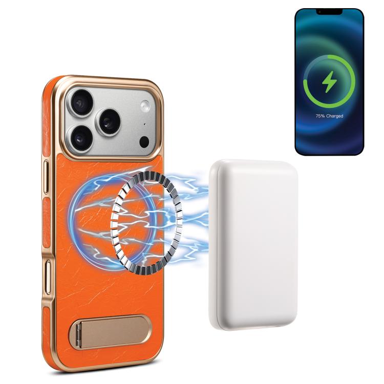 For iPhone 17 Pro Max Denior A25 MagSafe Genuine Leather Phone Case with Holder(Orange) by Denior