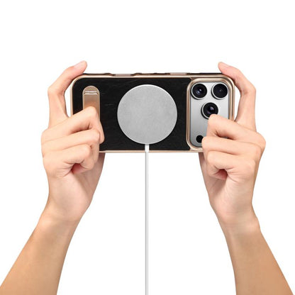 For iPhone 17 Pro Denior A25 MagSafe Genuine Leather Phone Case with Holder(Black) by Denior