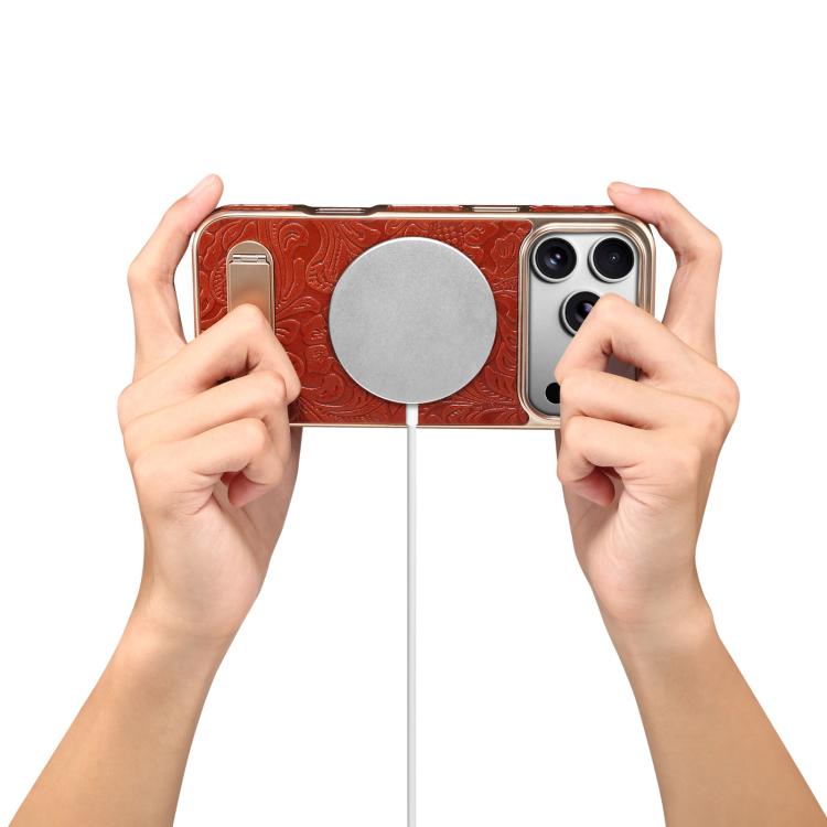 For iPhone 17 Pro Max Denior A25 Retro Flower Texture MagSafe Genuine Leather Phone Case with Holder(Red) by Denior