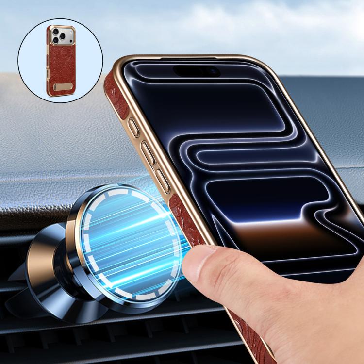 For iPhone 17 Pro Max Denior A25 Retro Flower Texture MagSafe Genuine Leather Phone Case with Holder(Red) by Denior