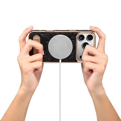 For iPhone 17 Pro Denior A25 Retro Flower Texture MagSafe Genuine Leather Phone Case with Holder(Black) by Denior