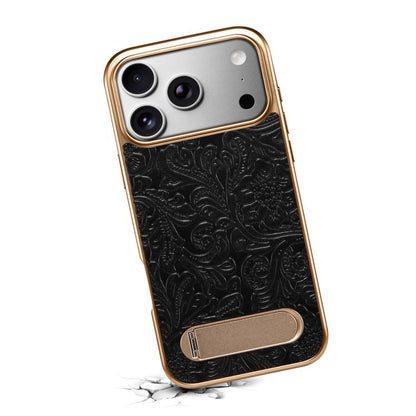 For iPhone 17 Pro Denior A25 Retro Flower Texture MagSafe Genuine Leather Phone Case with Holder(Black) by Denior