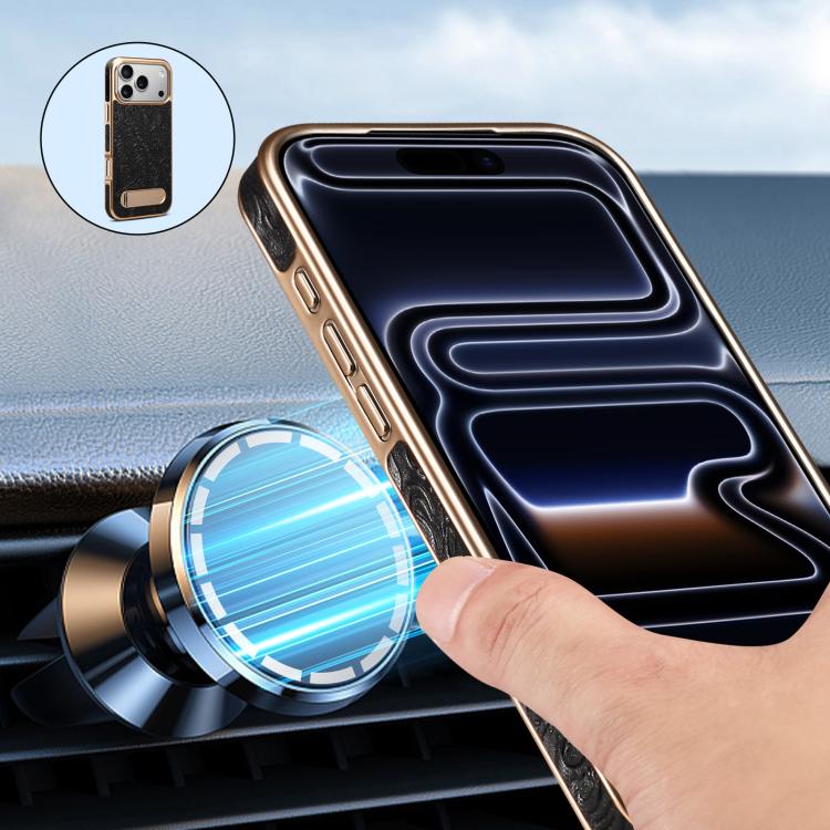 For iPhone 17 Pro Denior A25 Retro Flower Texture MagSafe Genuine Leather Phone Case with Holder(Black) by Denior