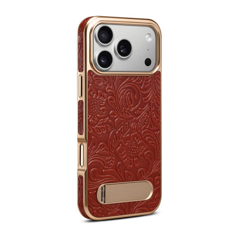 For iPhone 17 Pro Denior A25 Retro Flower Texture MagSafe Genuine Leather Phone Case with Holder(Red) by Denior