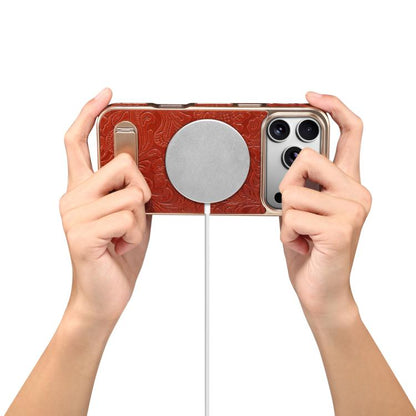 For iPhone 17 Pro Denior A25 Retro Flower Texture MagSafe Genuine Leather Phone Case with Holder(Red) by Denior