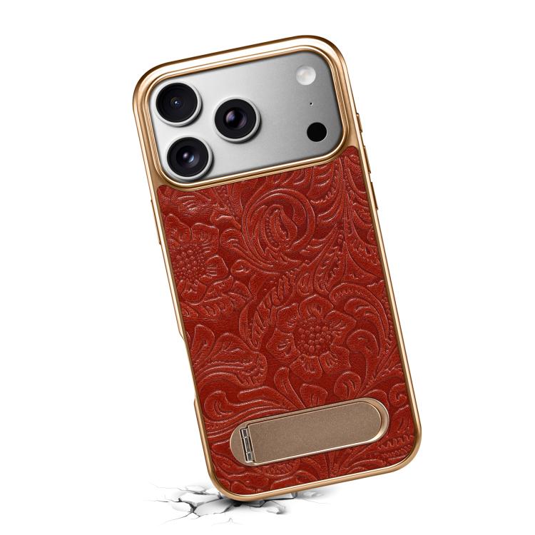 For iPhone 17 Pro Denior A25 Retro Flower Texture MagSafe Genuine Leather Phone Case with Holder(Red) by Denior