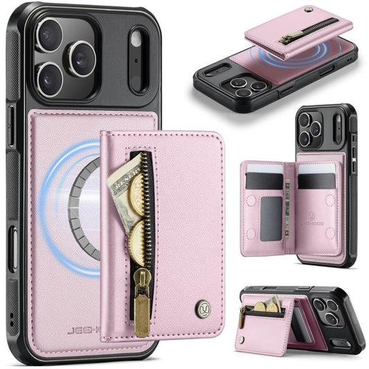 For iPhone 17 Pro Max JEEHOOD J12 Exquisite RFID MagSafe Zipper Card Bag Phone Case(Pink) by JEEHOOD