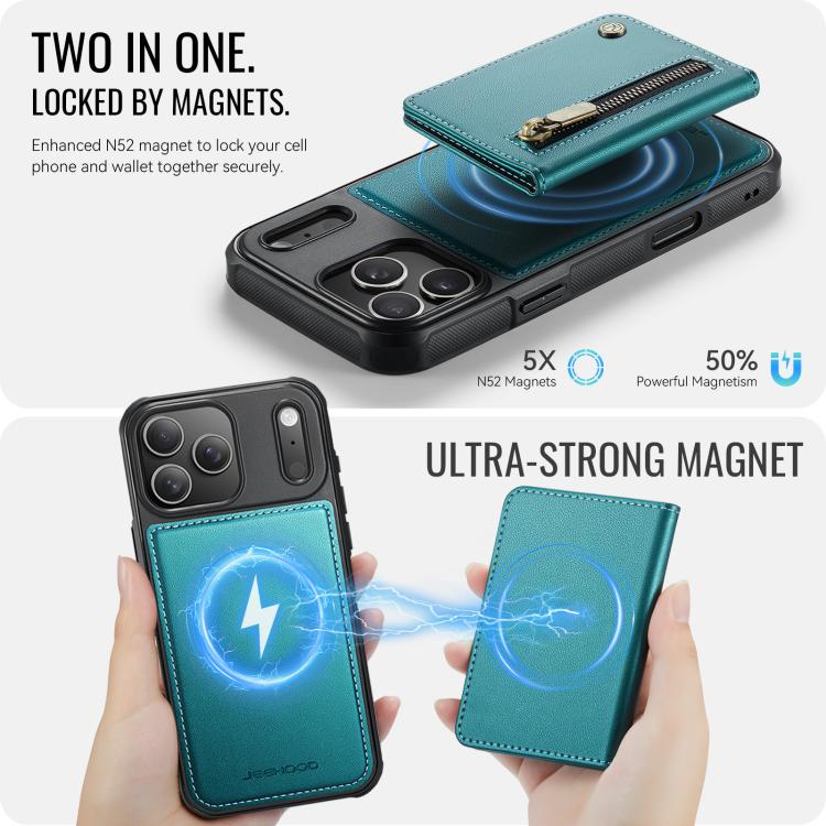 For iPhone 17 Pro Max JEEHOOD J12 Exquisite RFID MagSafe Zipper Card Bag Phone Case(Green) by JEEHOOD