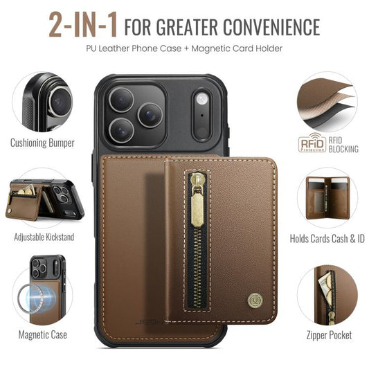 For iPhone 17 Pro Max JEEHOOD J12 Exquisite RFID MagSafe Zipper Card Bag Phone Case(Brown) by JEEHOOD