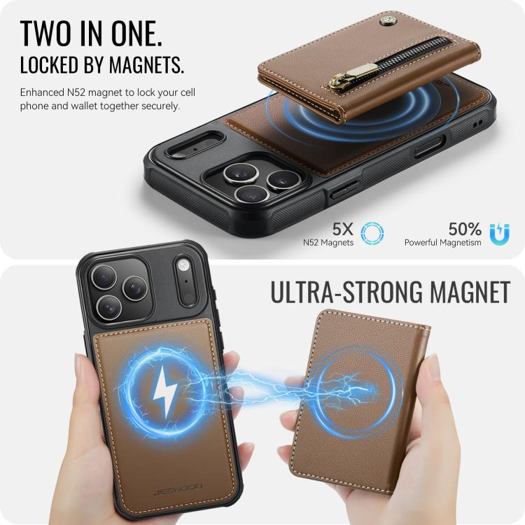 For iPhone 17 Pro Max JEEHOOD J12 Exquisite RFID MagSafe Zipper Card Bag Phone Case(Brown) by JEEHOOD
