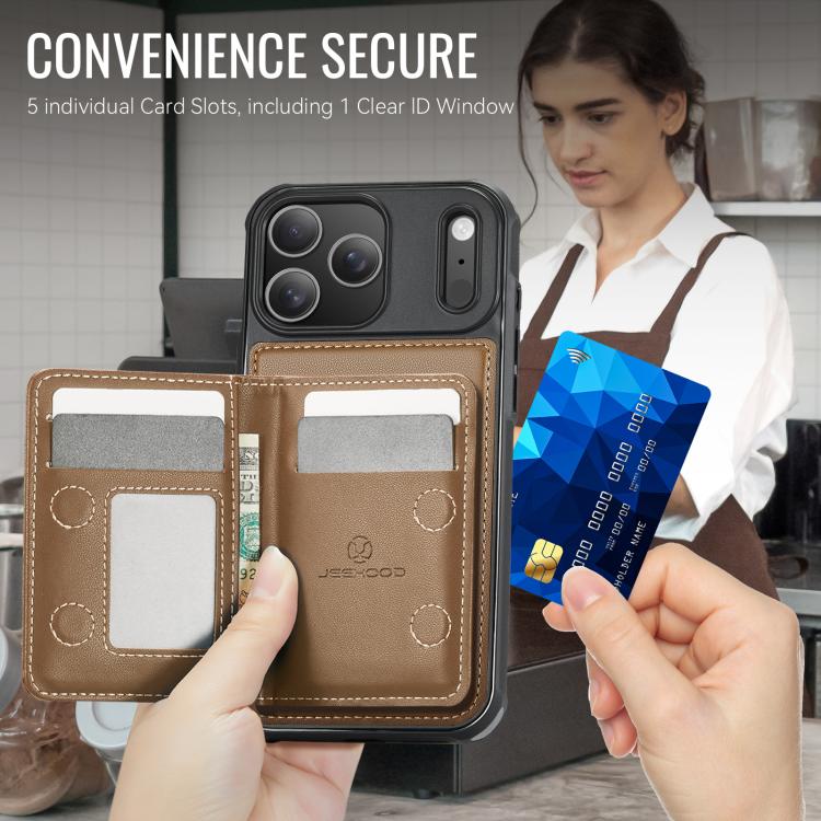 For iPhone 17 Pro Max JEEHOOD J12 Exquisite RFID MagSafe Zipper Card Bag Phone Case(Brown) by JEEHOOD