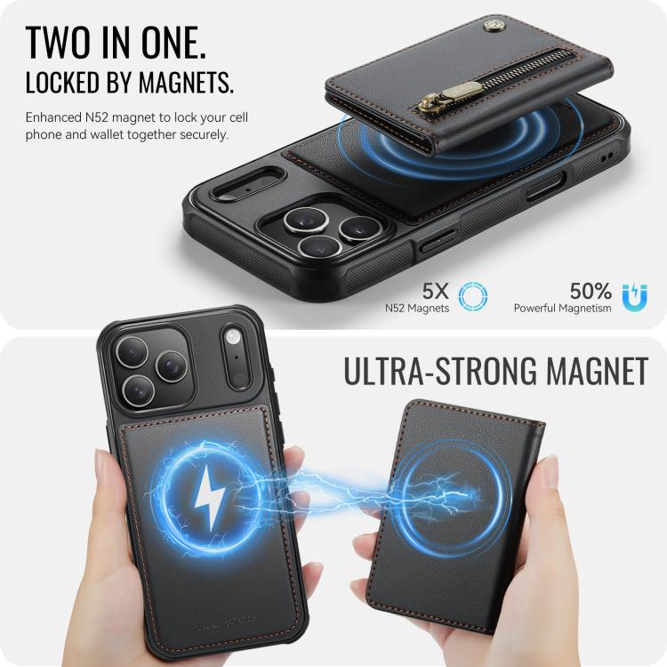 For iPhone 17 Pro Max JEEHOOD J12 Exquisite RFID MagSafe Zipper Card Bag Phone Case(Black) by JEEHOOD