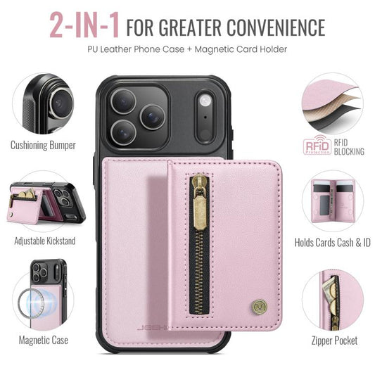 For iPhone 17 Pro JEEHOOD J12 Exquisite RFID MagSafe Zipper Card Bag Phone Case(Pink) by JEEHOOD