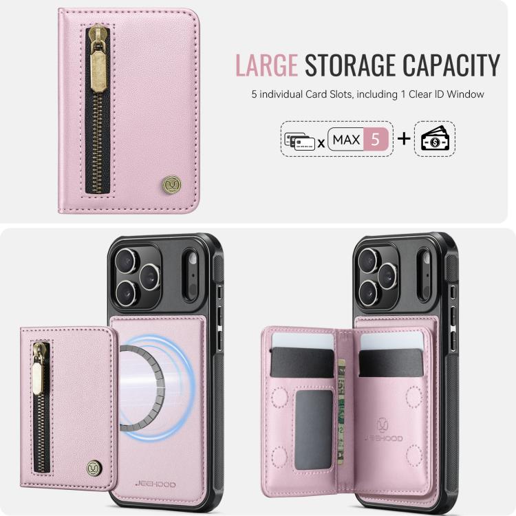 For iPhone 17 Pro JEEHOOD J12 Exquisite RFID MagSafe Zipper Card Bag Phone Case(Pink) by JEEHOOD