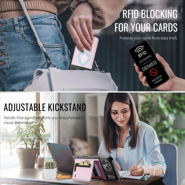 For iPhone 17 Pro JEEHOOD J12 Exquisite RFID MagSafe Zipper Card Bag Phone Case(Pink) by JEEHOOD