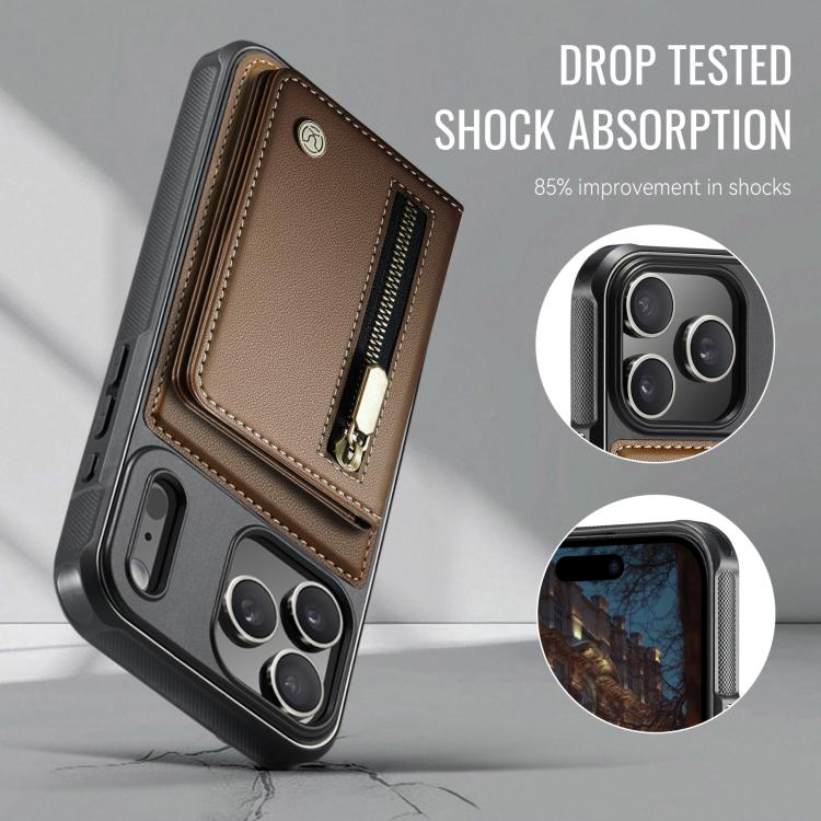 For iPhone 17 Pro JEEHOOD J12 Exquisite RFID MagSafe Zipper Card Bag Phone Case(Brown) by JEEHOOD