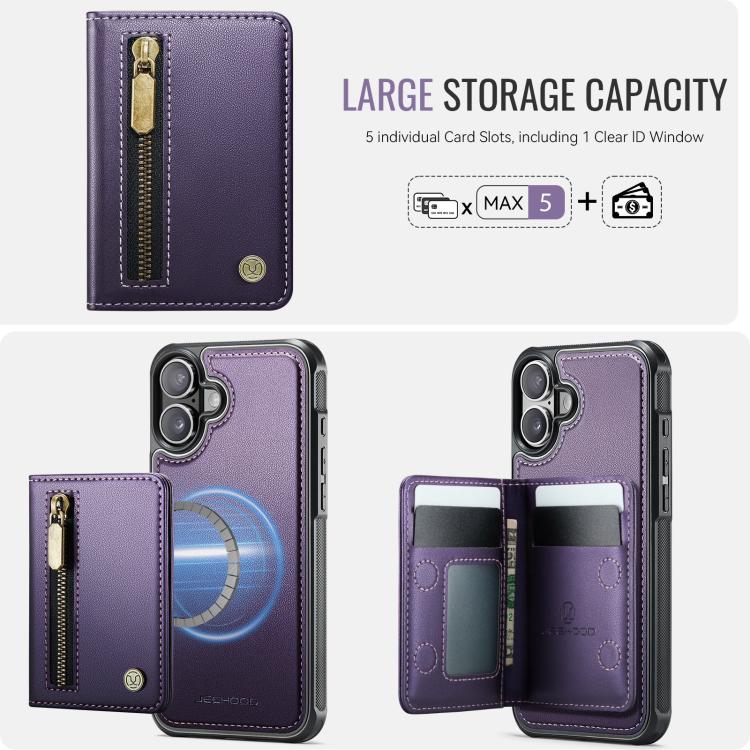 For iPhone 17 JEEHOOD J12 Exquisite RFID MagSafe Zipper Card Bag Phone Case(Purple) by JEEHOOD