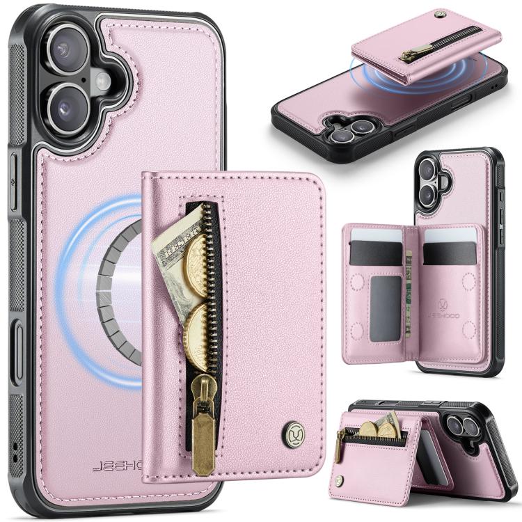 For iPhone 17 JEEHOOD J12 Exquisite RFID MagSafe Zipper Card Bag Phone Case(Pink) by JEEHOOD