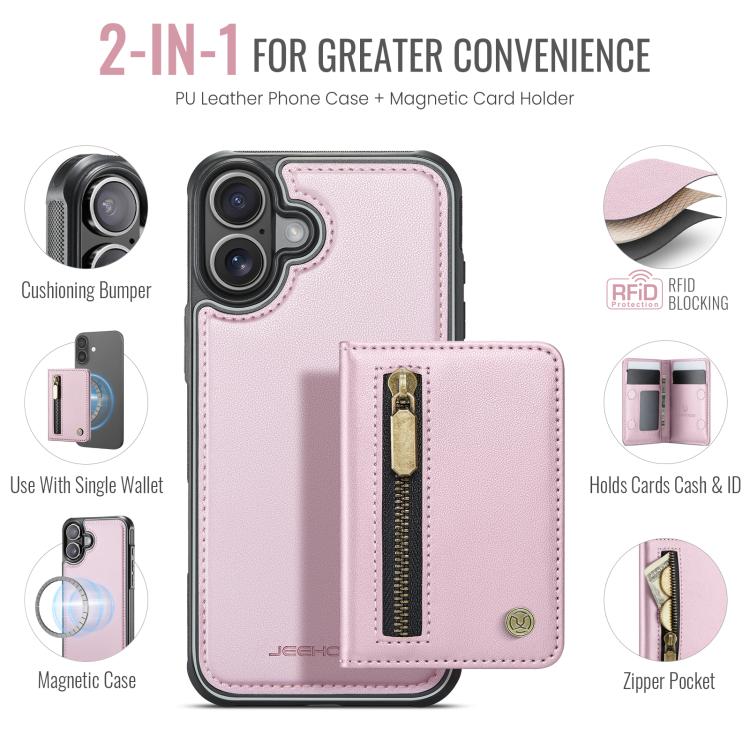 For iPhone 17 JEEHOOD J12 Exquisite RFID MagSafe Zipper Card Bag Phone Case(Pink) by JEEHOOD