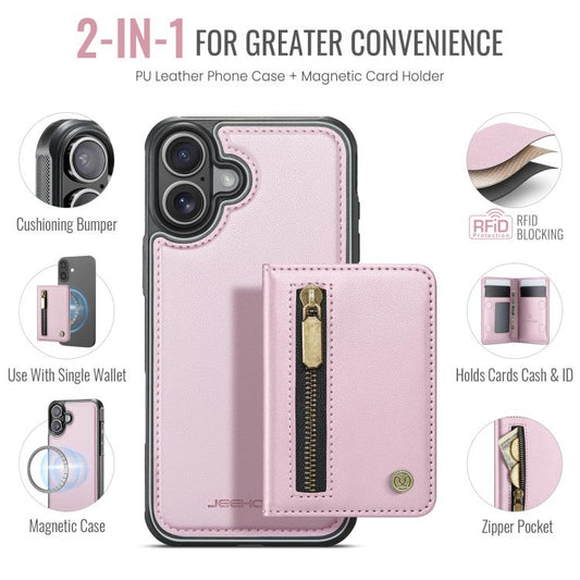 For iPhone 17 JEEHOOD J12 Exquisite RFID MagSafe Zipper Card Bag Phone Case(Pink) by JEEHOOD