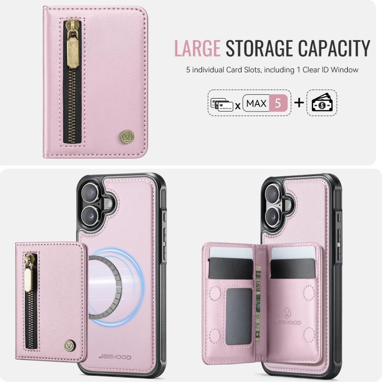For iPhone 17 JEEHOOD J12 Exquisite RFID MagSafe Zipper Card Bag Phone Case(Pink) by JEEHOOD
