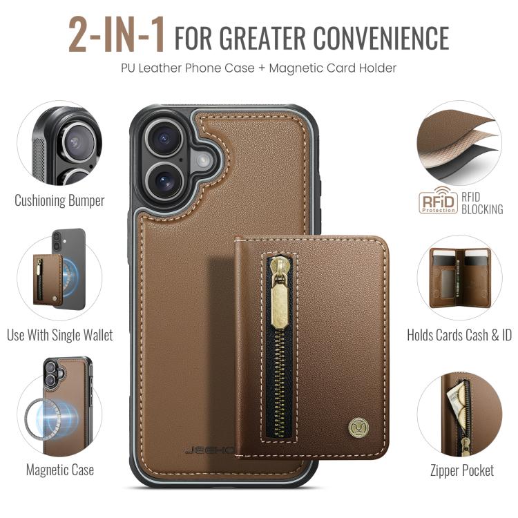 For iPhone 17 JEEHOOD J12 Exquisite RFID MagSafe Zipper Card Bag Phone Case(Brown) by JEEHOOD