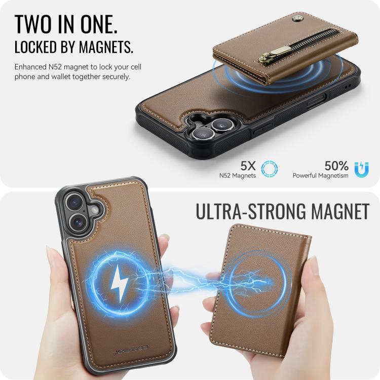 For iPhone 17 JEEHOOD J12 Exquisite RFID MagSafe Zipper Card Bag Phone Case(Brown) by JEEHOOD