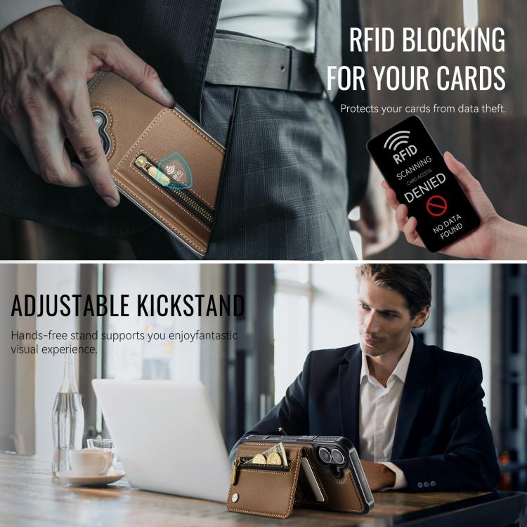 For iPhone 17 JEEHOOD J12 Exquisite RFID MagSafe Zipper Card Bag Phone Case(Brown) by JEEHOOD