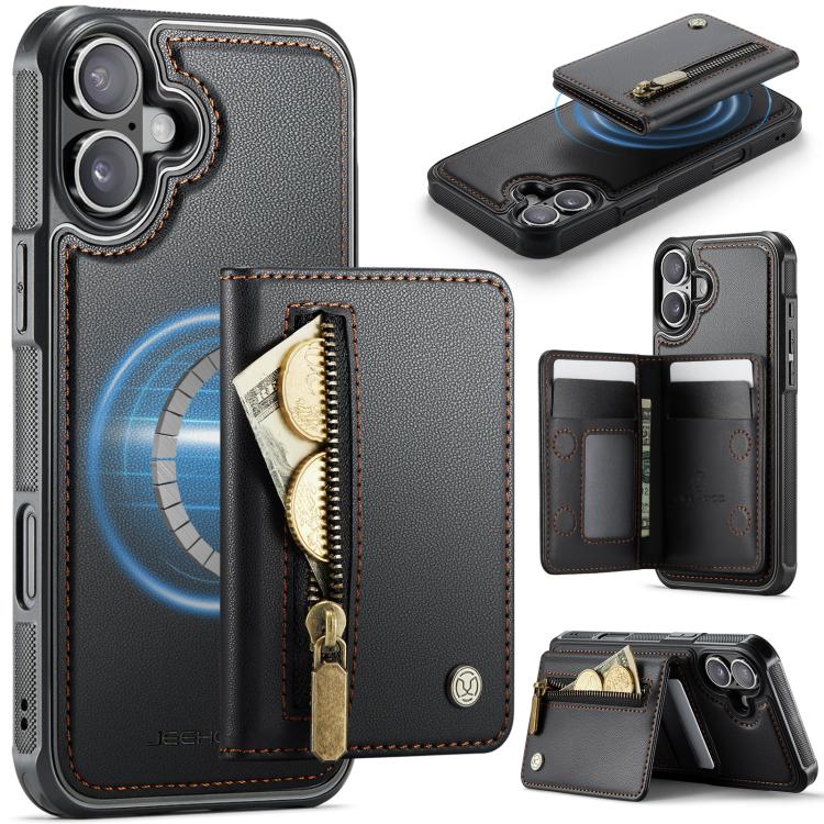 For iPhone 17 JEEHOOD J12 Exquisite RFID MagSafe Zipper Card Bag Phone Case(Black) by JEEHOOD