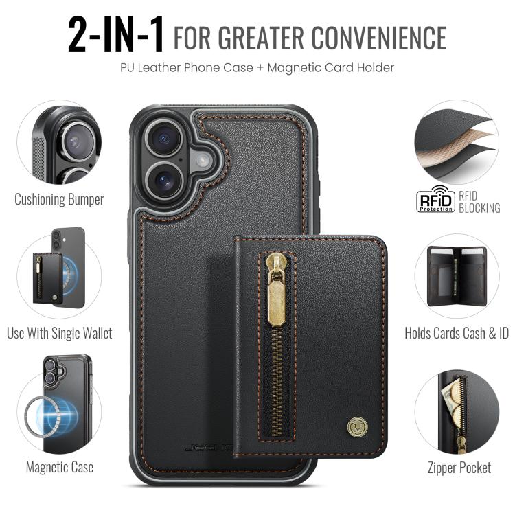 For iPhone 17 JEEHOOD J12 Exquisite RFID MagSafe Zipper Card Bag Phone Case(Black) by JEEHOOD