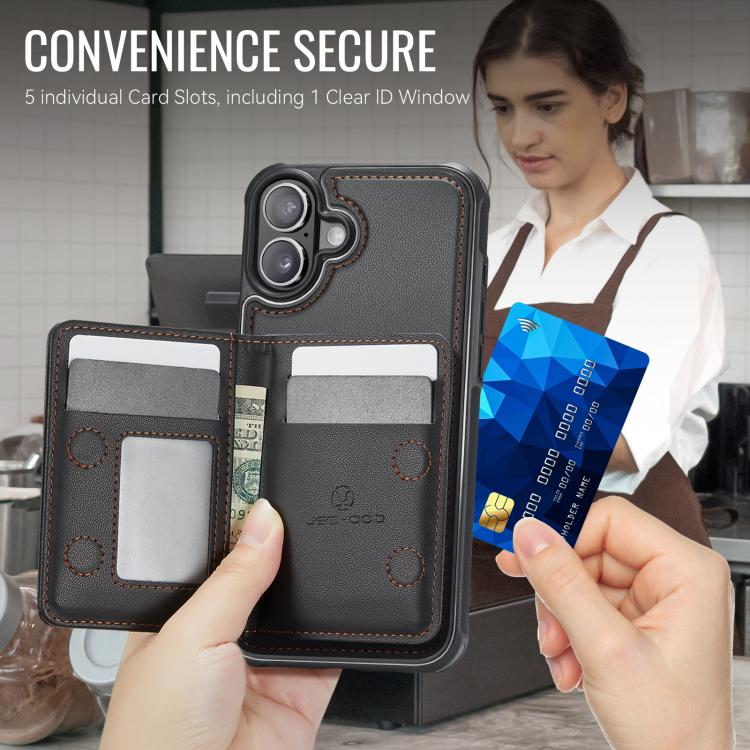 For iPhone 17 JEEHOOD J12 Exquisite RFID MagSafe Zipper Card Bag Phone Case(Black) by JEEHOOD