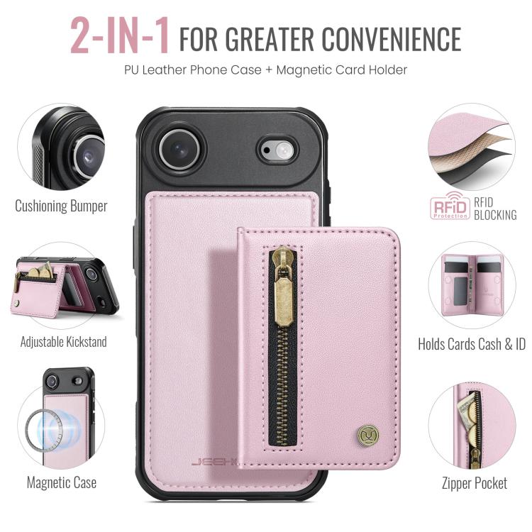 For iPhone Air JEEHOOD J12 Exquisite RFID MagSafe Zipper Card Bag Phone Case(Pink) by JEEHOOD
