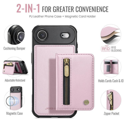 For iPhone Air JEEHOOD J12 Exquisite RFID MagSafe Zipper Card Bag Phone Case(Pink) by JEEHOOD