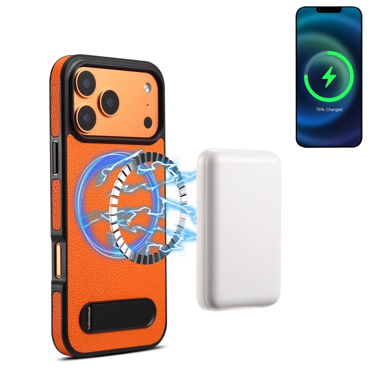 For iPhone 17 Pro Max Denior A25 Litchi Texture MagSafe Phone Case with Holder(Orange) by Denior