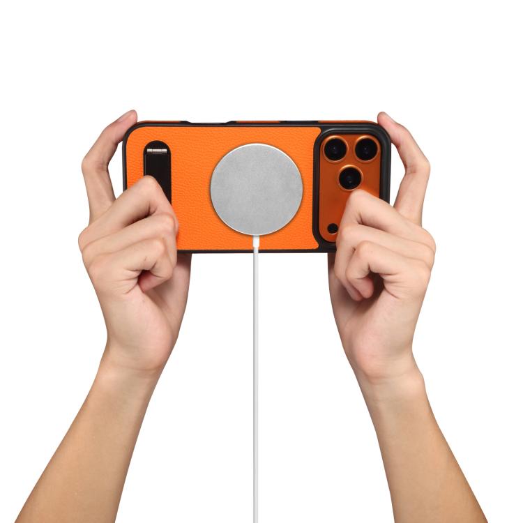 For iPhone 17 Pro Max Denior A25 Litchi Texture MagSafe Phone Case with Holder(Orange) by Denior