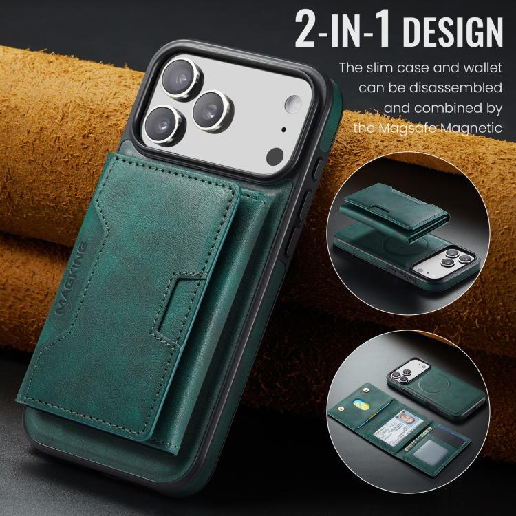 For iPhone 17 Pro Max MAGKING K4 Series MagSafe RFID Tri-fold Card Bag Detachable Phone Case(Green) by MAGKING