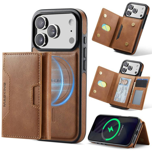 For iPhone 17 Pro MAGKING K4 Series MagSafe RFID Tri-fold Card Bag Detachable Phone Case(Brown) by MAGKING