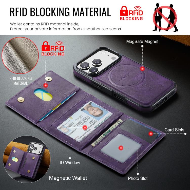 For iPhone 17 Pro MAGKING K4 Series MagSafe RFID Tri-fold Card Bag Detachable Phone Case(Purple) by MAGKING