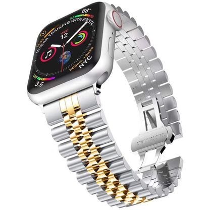 Metal Five Baht Replacement Steel Watch Band For Apple Watch Series 9&8&7 41mm / SE 3&SE 2&6&SE&5&4 40mm / 3&2&1 38mm(Between Gold) by bashfashion