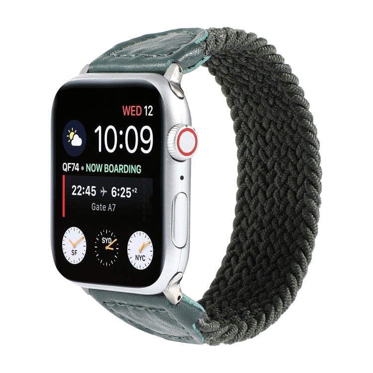 Nylon + Leather Braided Watch Band For Apple Watch Series 9&8&7 41mm / SE 3&SE 2&6&SE&5&4 40mm / 3&2&1 38mm, Size:L(Army Green) by bashfashion
