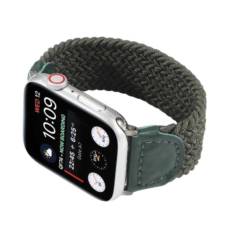 Nylon + Leather Braided Watch Band For Apple Watch Series 9&8&7 41mm / SE 3&SE 2&6&SE&5&4 40mm / 3&2&1 38mm, Size:L(Army Green) by bashfashion