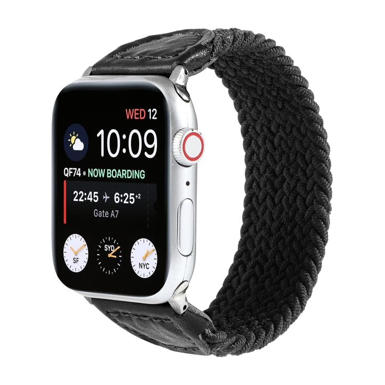Nylon + Leather Braided Watch Band For Apple Watch Series 7 45mm / 6 & SE & 5 & 4 44mm / 3 & 2 & 1 42mm, Size:M(Black) by bashfashion