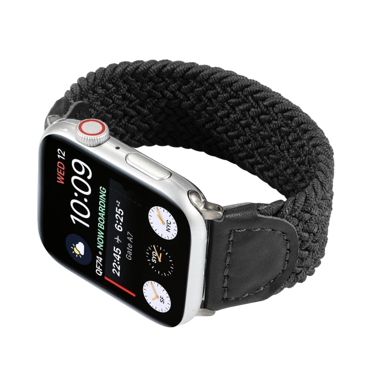 Nylon + Leather Braided Watch Band For Apple Watch Series 7 45mm / 6 & SE & 5 & 4 44mm / 3 & 2 & 1 42mm, Size:M(Black) by bashfashion
