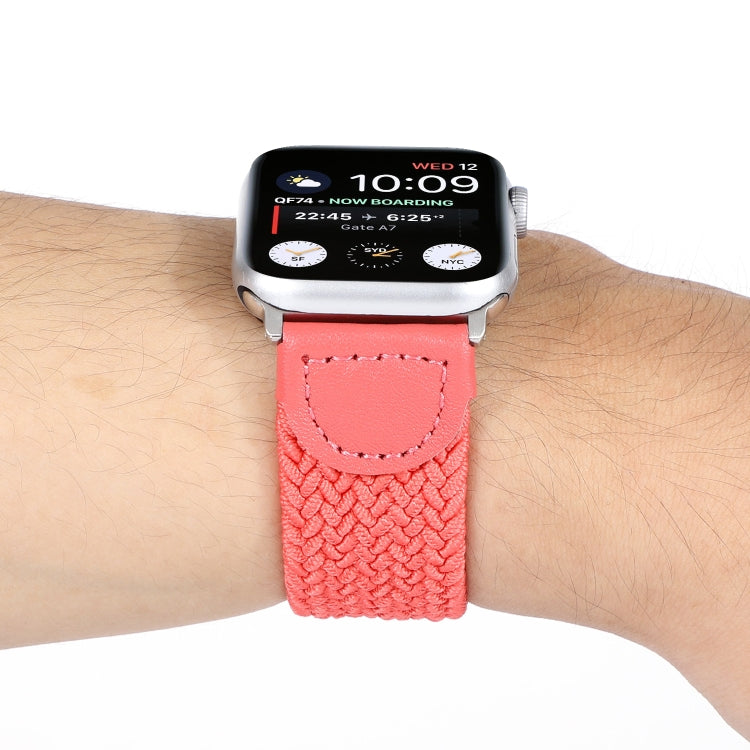 Nylon + Leather Braided Watch Band For Apple Watch Series 7 45mm / 6 & SE & 5 & 4 44mm / 3 & 2 & 1 42mm, Size:M(Rose Red) by bashfashion