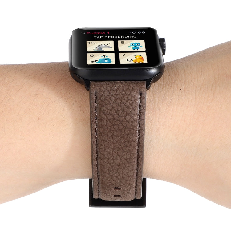 Litchi Texture Genuine Leather Watch Band For Apple Watch Series 7 41mm / 6 & SE & 5 & 4 40mm / 3 & 2 & 1 38mm(Khaki) by bashfashion