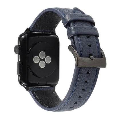 Litchi Texture Genuine Leather Watch Band For Apple Watch Series 7 41mm / 6 & SE & 5 & 4 40mm / 3 & 2 & 1 38mm(Navy Blue) by bashfashion